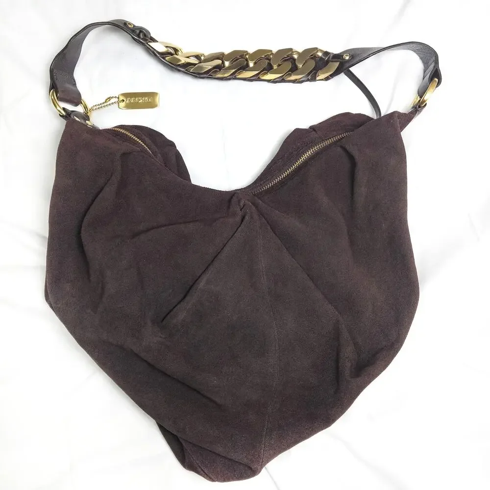 DKNY Slouchy Hobo Bag Brown Suede Chain Strap Y2K Boho Luxe